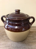 €a** Vintage Pottery 7” Brown & Tan 2 Handle Bean Pot W/ Lid Stamped USA