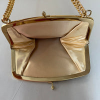 € Vintage Metallic Gold Evening Bag Clasp Purse w/Chain Lined