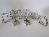 a** Vintage Lot/8 BAKEWARE Tin Cookie Cutters Holiday Christmas Santa Stars Tree Bell Snowman