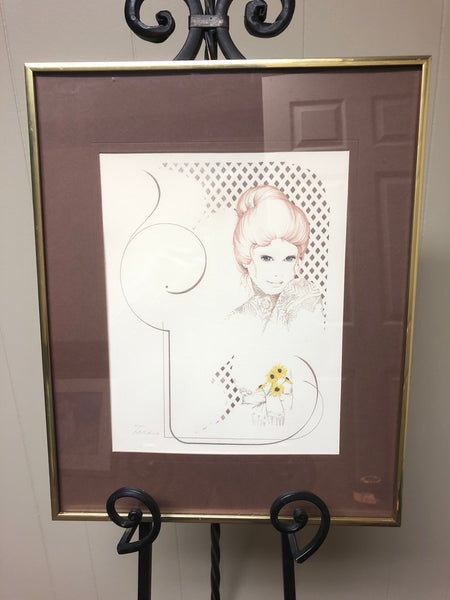 € Gold Metal Framed Art Pencil Print Female In Lace Artist William Tara Signed