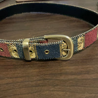 [loc] Vintage Womens Medium 37” Belt Harve Benard Holtzman Multicolor Leather Fabric Gold Buckle