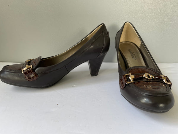 *New Womens Madeline Stuart Paisley Size 7 Brown Leather Slip On Pump High Heels Dress Shoes
