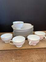 a** Vintage Set of 10 8” L & M Hostess Luncheon Dessert Plates with 5 Tea Cups White with Gold Rim