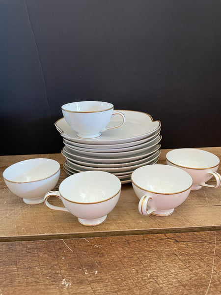 a** Vintage Set of 10 8” L & M Hostess Luncheon Dessert Plates with 5 Tea Cups White with Gold Rim