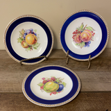 a** Vintage Set 3 Gold Gilt Edge Blue DUCAL Decorator Dinner Plates 9” Fruits