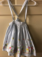 Vintage Girls Sz 3/4T Blue Seersucker Embroidered Skirt Suspenders Easter Springtime