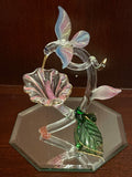 ~€ Glass Blown Hummingbird & Pink Flower Green Leaves Figurine w/ Glass Plate Delicate
