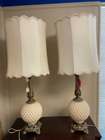 <€€ Vintage LIGHTING Rembrandt Tall Table Lamps with Antiqued Gold Base Ivory Shades Mid Century MCM Pair Set/2 With Tag