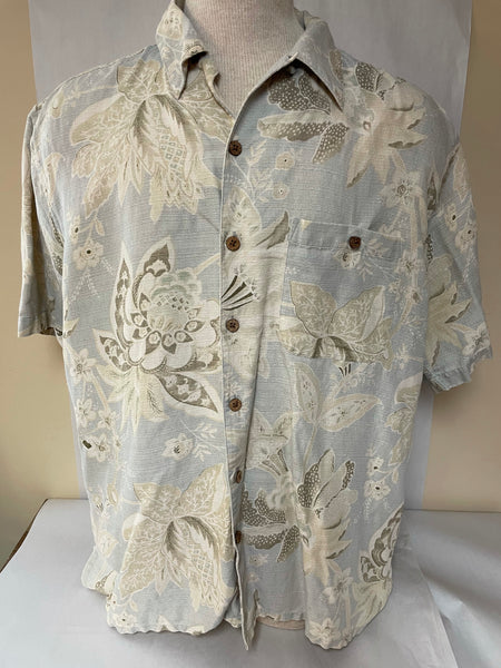 €* Mens PARADISE COVES Silk BLue Beige Floral Hawaiian Print Camp Large Pocket