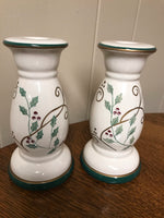 Ceramic Holly Leaves and Berry 7” Taper CANDLE HOLDER Holiday Christmas Pair Set/2