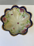 <€€ Vintage Hand Painted Porcelain Footed Bowl Flowers Gold Rim Decor Pink Purple Blue