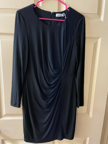 Womens Sz 10 CALVIN KLEIN Classic Black Long Sleeve Dress Pleated Side Zipper Lined