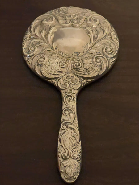 *Vintage Ornate Silverplate Handheld 9.25” L x 5” Diameter Vanity Mirror