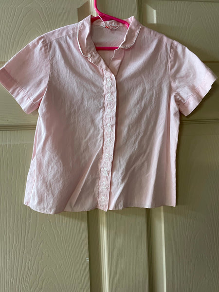 Vintage Girls Sz 6X SHIP’N SHORE Pink Cotton Button Up Top Embroider Short Sleeve