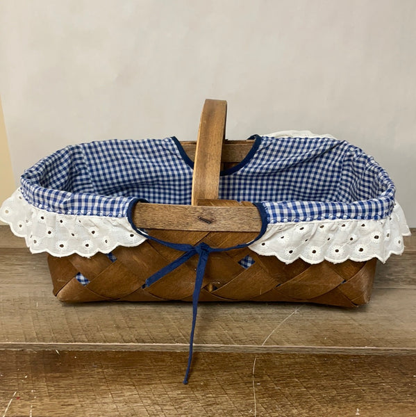 ~¥ Rectangle Rattan Woven Gathering LINER Basket w/ Handle Blue Gingham Easter