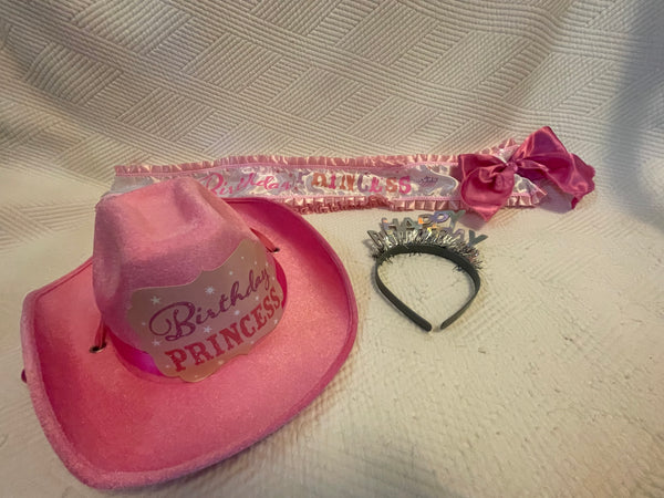 Womens Pink Happy Birthday Set Cowboy Hat-Sash-Headband
