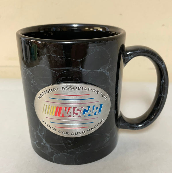 *Vintage Black NASCAR Auto Racing Silver Medallion Plate Coffee Mug Cup