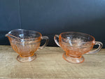 a** Vintage 1930s Sharon by Federal Glass Company Pink Depression Glass Molded Flowers Creamer Sugar Bowl Set