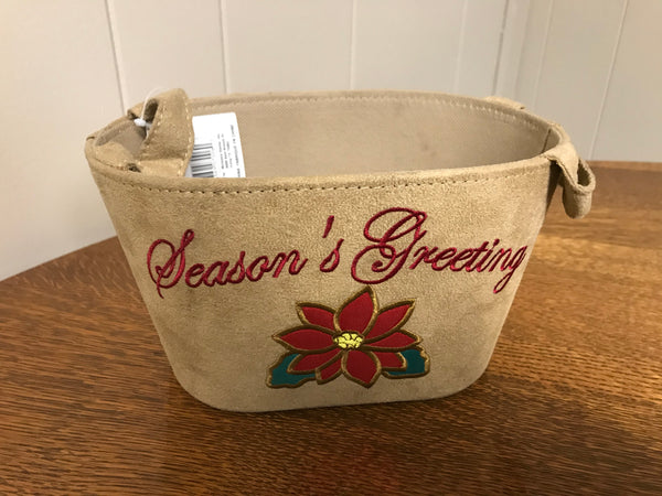 a** New Vintage Christmas Greeting Suede Season’s Greeting Basket Handles NWT