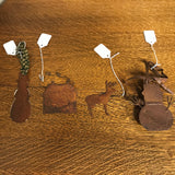 <€€* Vintage Set/4 Rustic Rust Metal Christmas Holiday Ornaments Snowman Reindeer Cabin