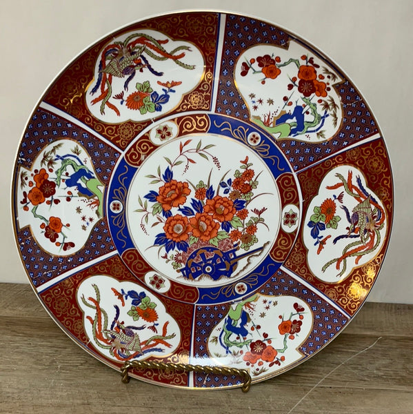 <€€ Vintage Oriental Chinese 14” Round Platter Gold Gilding Birds Florals Orange Blue