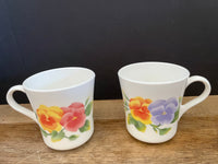 Vintage Pair/Set of 2 Corning #27 Summer Blush Pansies on White Tea Coffee Cups Mugs