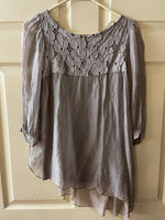 Womens Juniors XSmall H TREND Silk Blouse Top Sheer Lace Gray 3/4 Sleeve Italy