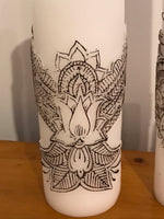 a** NEW Unscented Handcrafted Pillar CANDLES White Lovebird Henna Design in Brown Pillar Volcanica Set/3 4172