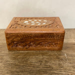 ~¥€ Rustic Carved Wood Jewelry Lined Trinket Box Hinged Lid India