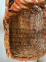 <[add]€€ Large Wood Woven Gathering Basket w/ Handle Wrapped w/ Fall Ribbon