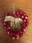 €€ Christmas Holiday Red Jingle Bell Heart Wreath Ornament with Gold Bow Valentines