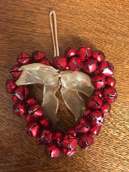 Christmas Holiday Red Jingle Bell Heart Wreath Ornament with Gold Bow Valentines