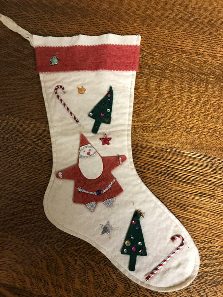 a** Vintage Christmas Holiday Ivory Felt Appliqué 15” Stocking