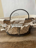 <€€ Large Oval Chicken Wire Gathering Basket w/ Handles Linen Burlap Lace Liner