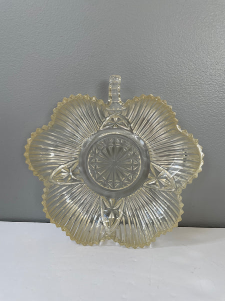 a** Vintage Clear Glass Ribbed & Cut Relish Candy Nut Condiment Serving Dish w/ Stem Handle Gold Tint