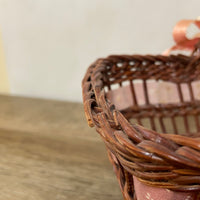 [L] <€€ Vintage Small Rectangle Wood Woven Basket w/ Handle Ribbon Brown Flowergirl