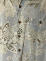 €* Mens PARADISE COVES Silk BLue Beige Floral Hawaiian Print Camp Large Pocket