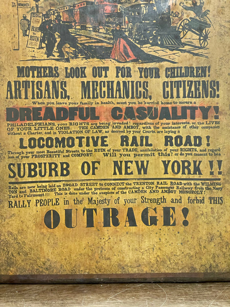 Vintage Rustic Wood Plaque DREADFUL CASUALTY LOCOMOTIVE RAIL ROAD NEW YORK Advertising