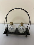 <€€* Vintage Ribbed Glass Salt/Pepper Shakers w/ Brass Tops in Black Footed Metal Carrier