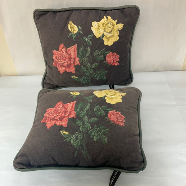 a** Pair/Set of 2 Portofino Tapestry Pillow Red & Yellow Roses on Gray 13”x12” Green Backing-Faded
