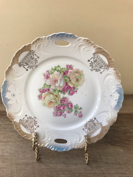 ~€ Vintage Bavarian China 9.5” Round Serving Plate Porcelain Roses Retired