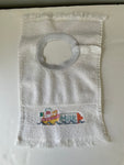 <€€ Baby Unisex One Size 100% Cotton White Bib Cross Stitch Tug Boat Pushing Milk Bottle