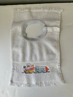 <add€€ Baby Unisex One Size 100% Cotton White Bib Cross Stitch Tug Boat Pushing Milk Bottle