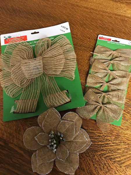 ¥ NEW Beige Tied Burlap Mesh Christmas Holiday Set/8 Shimmer Tied Bows Clip Glitter Bow