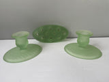 (L) <€€ Antique 1920s Set of 2 Frosted Green Satin Glass Taper Candle Holders and Matching Flower Frog