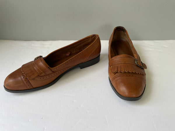 Womens The Leather Collection Flat Loafers Size 7 Brown Leather Side Buckle Fringe