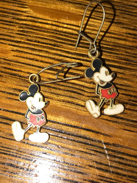 a* Vintage 1970s MICKEY MOUSE Disney Metal Drop Dangle Pierced Earrings