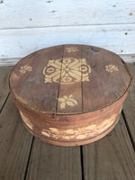 <€€ Vintage 15" Wood Round Cheese Box Stenciled  Top Fabric Lined