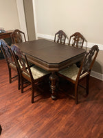 Antique Solid Oak Dining Table 6 Chair Set Built In Leaf Pad Cover Captain Dark Finish