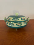 a** Vintage China 7” Round Bowl with Lid Footed Aqua Blue Pink Flowers Gold Gilting Handles